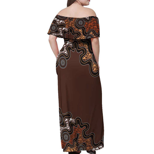 Personalised Aboriginal Art Kangaroo Symbol Off Shoulder Maxi Dress
