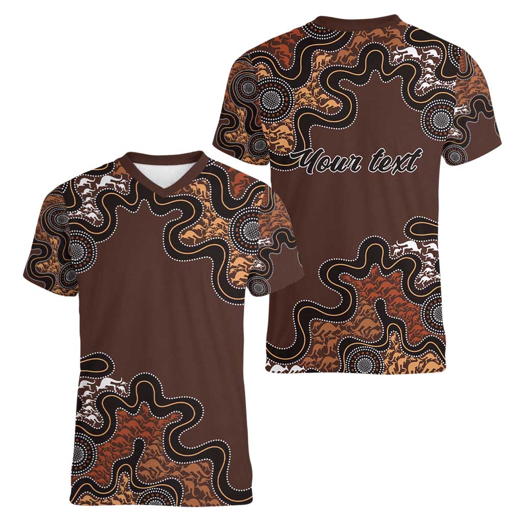Personalised Aboriginal Art Kangaroo Symbol Women V-Neck T-Shirt