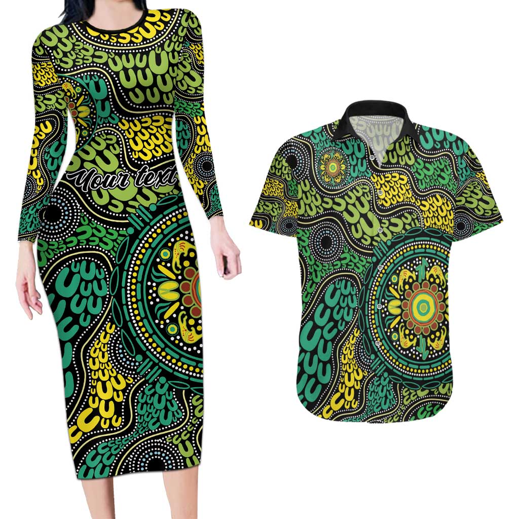 Personalised Aboriginal Art People Symbol Couples Matching Long Sleeve Bodycon Dress and Hawaiian Shirt