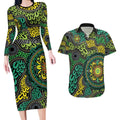 Personalised Aboriginal Art People Symbol Couples Matching Long Sleeve Bodycon Dress and Hawaiian Shirt