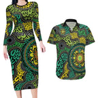 Personalised Aboriginal Art People Symbol Couples Matching Long Sleeve Bodycon Dress and Hawaiian Shirt