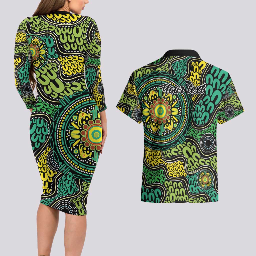 Personalised Aboriginal Art People Symbol Couples Matching Long Sleeve Bodycon Dress and Hawaiian Shirt
