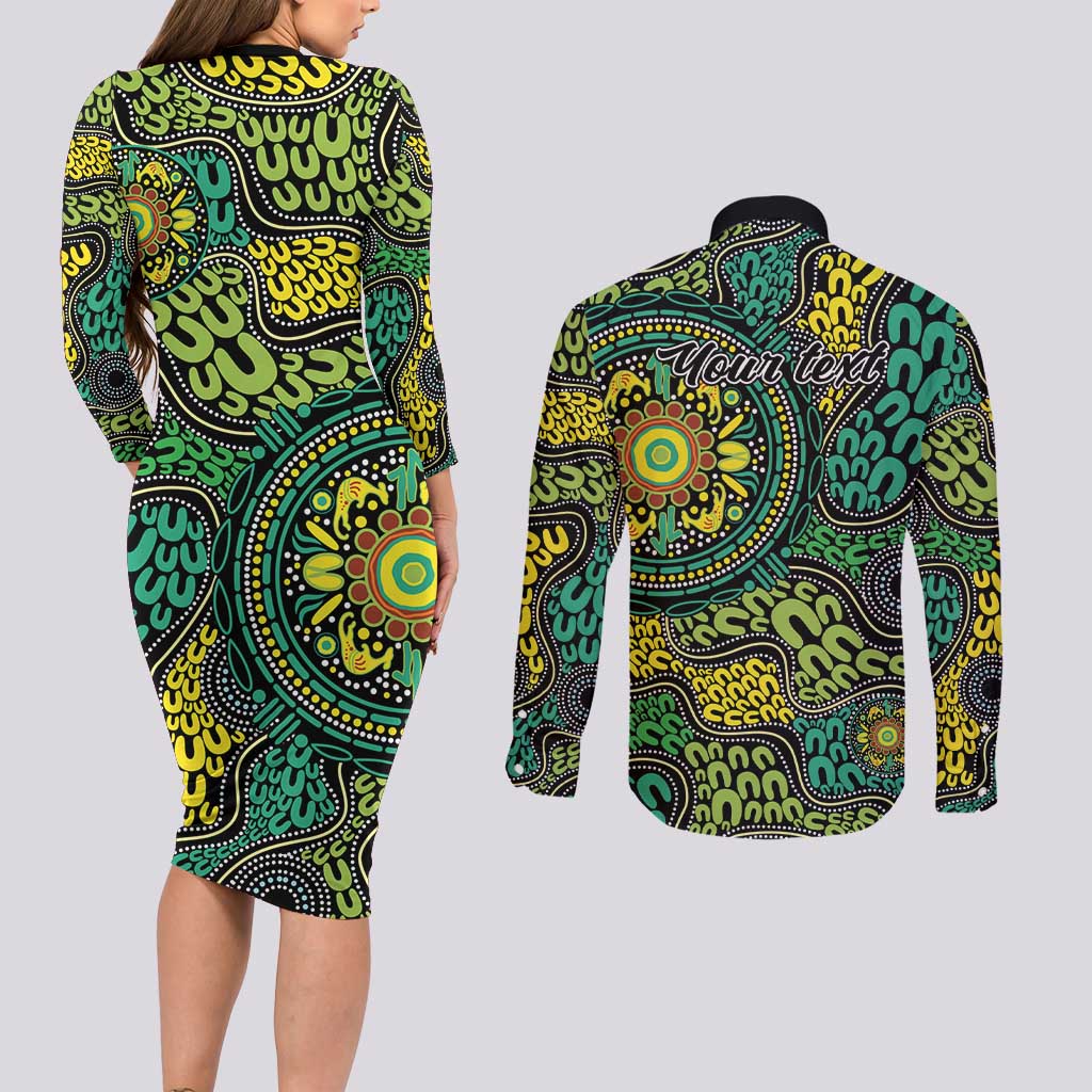 Personalised Aboriginal Art People Symbol Couples Matching Long Sleeve Bodycon Dress and Long Sleeve Button Shirt