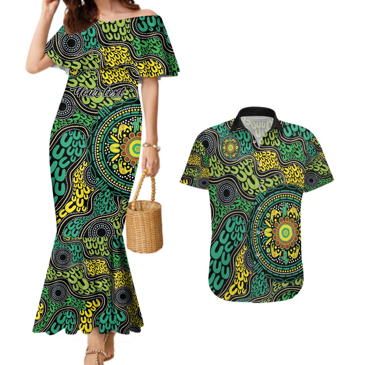 Personalised Aboriginal Art People Symbol Couples Matching Mermaid Dress and Hawaiian Shirt