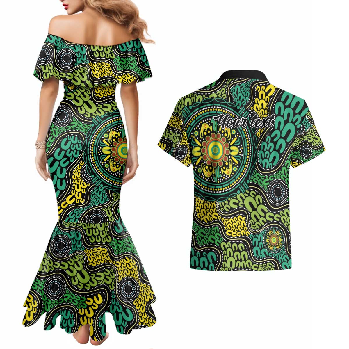 Personalised Aboriginal Art People Symbol Couples Matching Mermaid Dress and Hawaiian Shirt