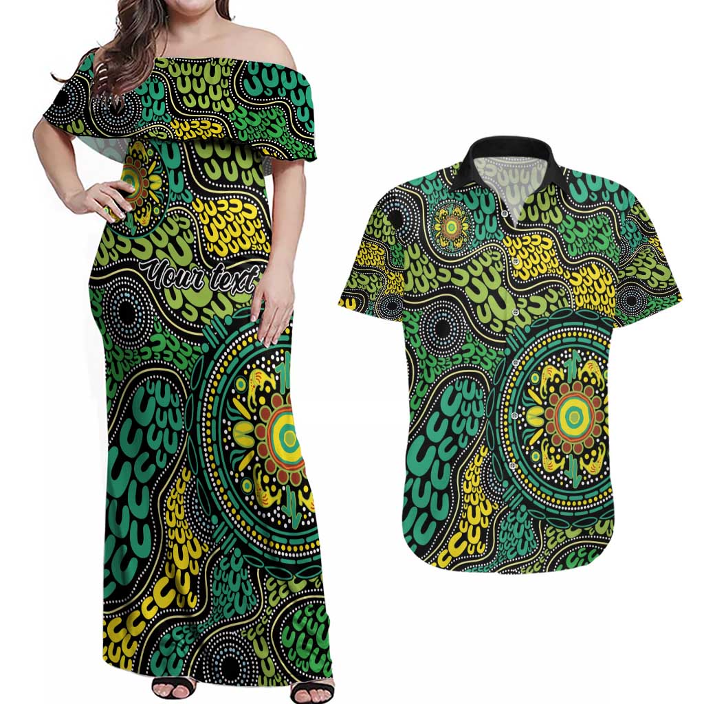 Personalised Aboriginal Art People Symbol Couples Matching Off Shoulder Maxi Dress and Hawaiian Shirt