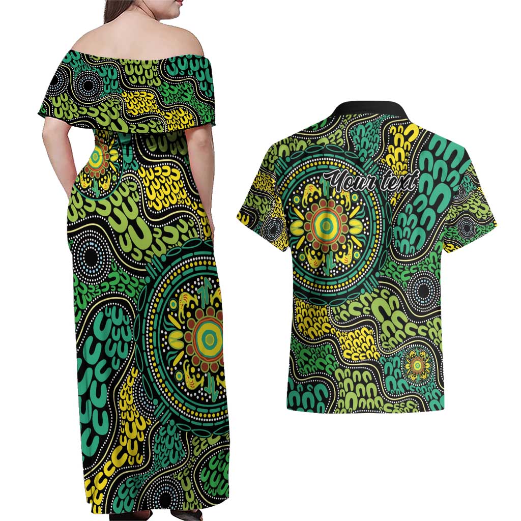 Personalised Aboriginal Art People Symbol Couples Matching Off Shoulder Maxi Dress and Hawaiian Shirt