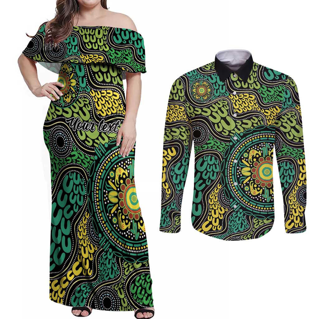 Personalised Aboriginal Art People Symbol Couples Matching Off Shoulder Maxi Dress and Long Sleeve Button Shirt