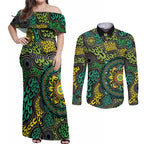 Personalised Aboriginal Art People Symbol Couples Matching Off Shoulder Maxi Dress and Long Sleeve Button Shirt