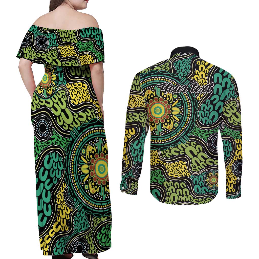 Personalised Aboriginal Art People Symbol Couples Matching Off Shoulder Maxi Dress and Long Sleeve Button Shirt