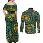 Personalised Aboriginal Art People Symbol Couples Matching Off Shoulder Maxi Dress and Long Sleeve Button Shirt