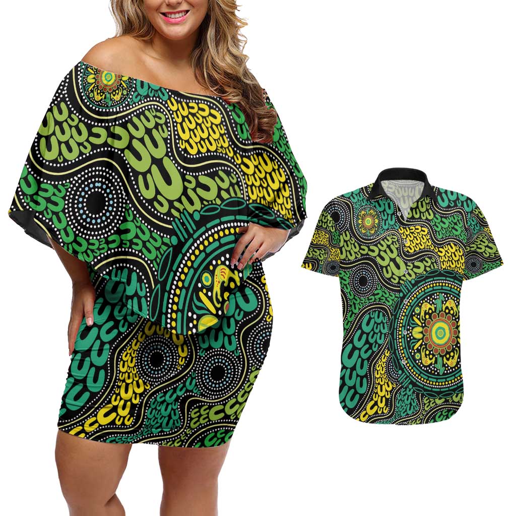 Personalised Aboriginal Art People Symbol Couples Matching Off Shoulder Short Dress and Hawaiian Shirt