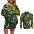 Personalised Aboriginal Art People Symbol Couples Matching Off Shoulder Short Dress and Long Sleeve Button Shirt