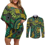 Personalised Aboriginal Art People Symbol Couples Matching Off Shoulder Short Dress and Long Sleeve Button Shirt