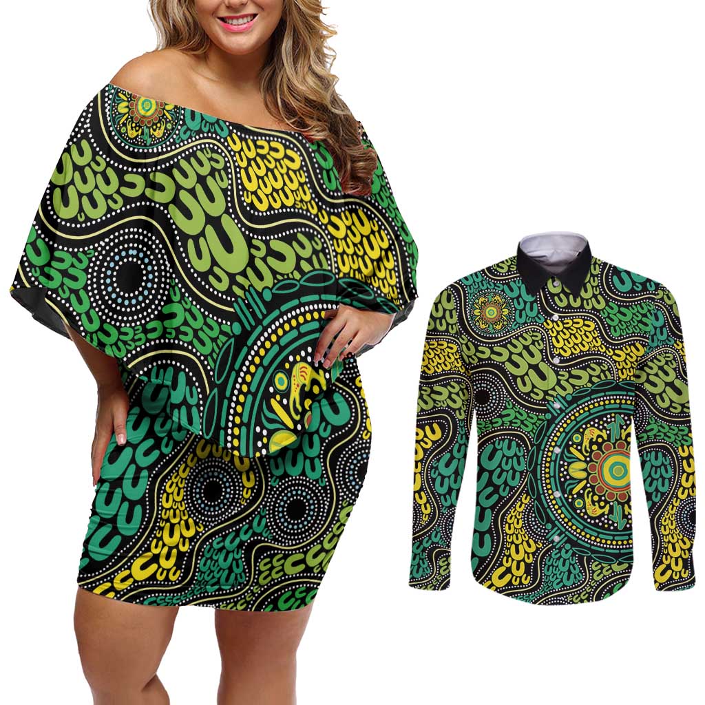 Personalised Aboriginal Art People Symbol Couples Matching Off Shoulder Short Dress and Long Sleeve Button Shirt