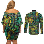 Personalised Aboriginal Art People Symbol Couples Matching Off Shoulder Short Dress and Long Sleeve Button Shirt