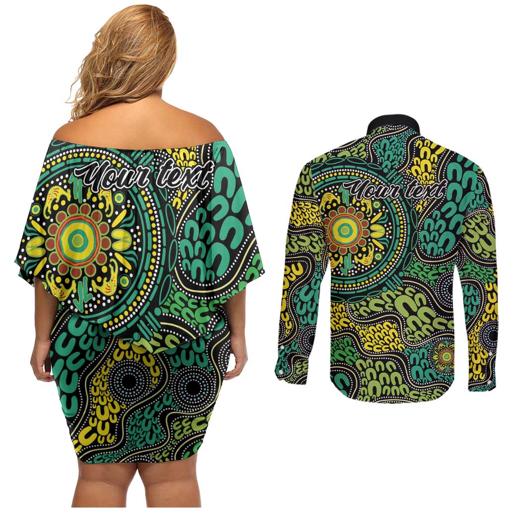 Personalised Aboriginal Art People Symbol Couples Matching Off Shoulder Short Dress and Long Sleeve Button Shirt