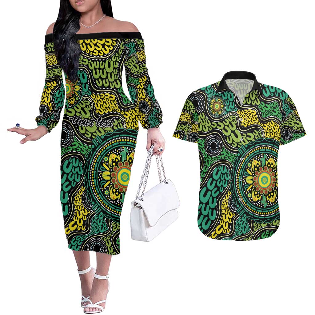 Personalised Aboriginal Art People Symbol Couples Matching Off The Shoulder Long Sleeve Dress and Hawaiian Shirt