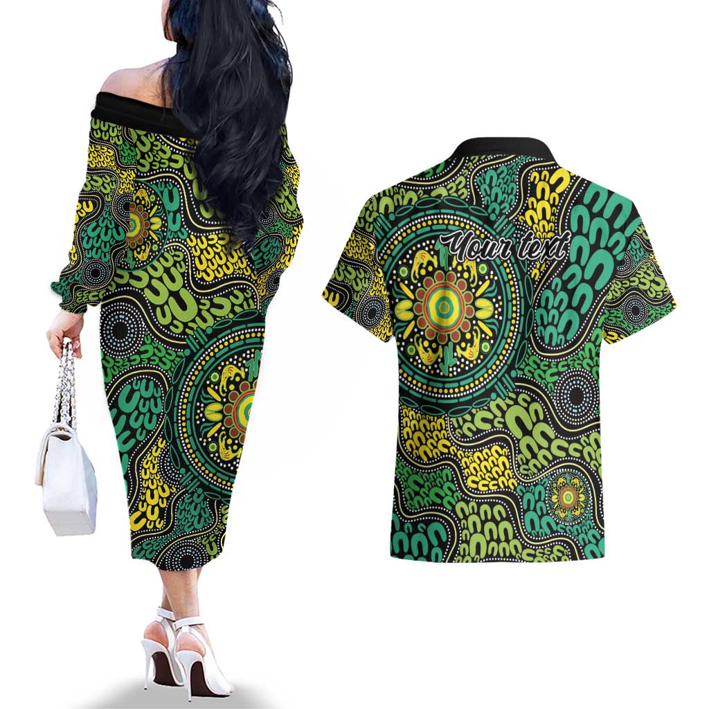 Personalised Aboriginal Art People Symbol Couples Matching Off The Shoulder Long Sleeve Dress and Hawaiian Shirt