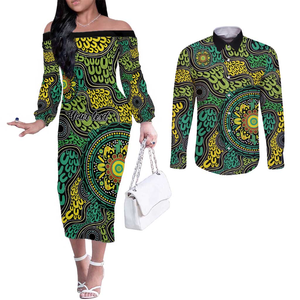 Personalised Aboriginal Art People Symbol Couples Matching Off The Shoulder Long Sleeve Dress and Long Sleeve Button Shirt