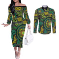 Personalised Aboriginal Art People Symbol Couples Matching Off The Shoulder Long Sleeve Dress and Long Sleeve Button Shirt