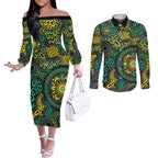 Personalised Aboriginal Art People Symbol Couples Matching Off The Shoulder Long Sleeve Dress and Long Sleeve Button Shirt