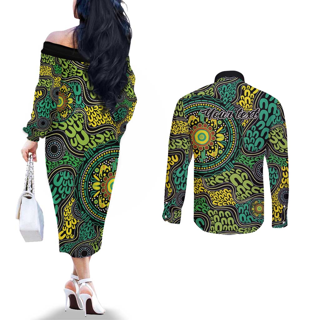 Personalised Aboriginal Art People Symbol Couples Matching Off The Shoulder Long Sleeve Dress and Long Sleeve Button Shirt