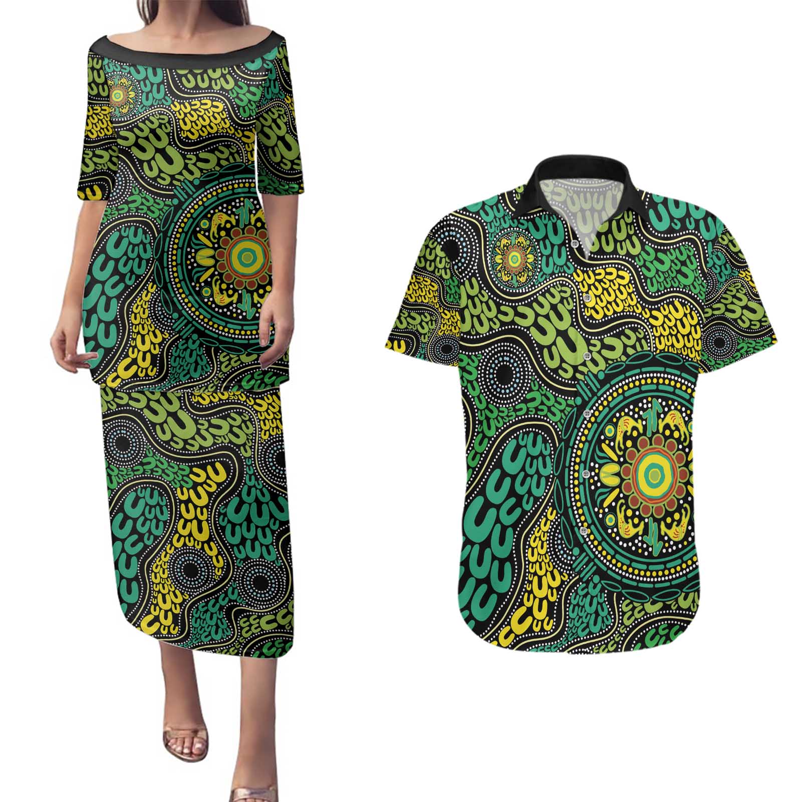 Personalised Aboriginal Art People Symbol Couples Matching Puletasi and Hawaiian Shirt
