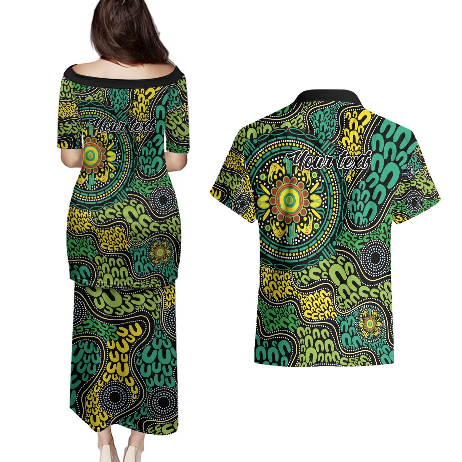 Personalised Aboriginal Art People Symbol Couples Matching Puletasi and Hawaiian Shirt