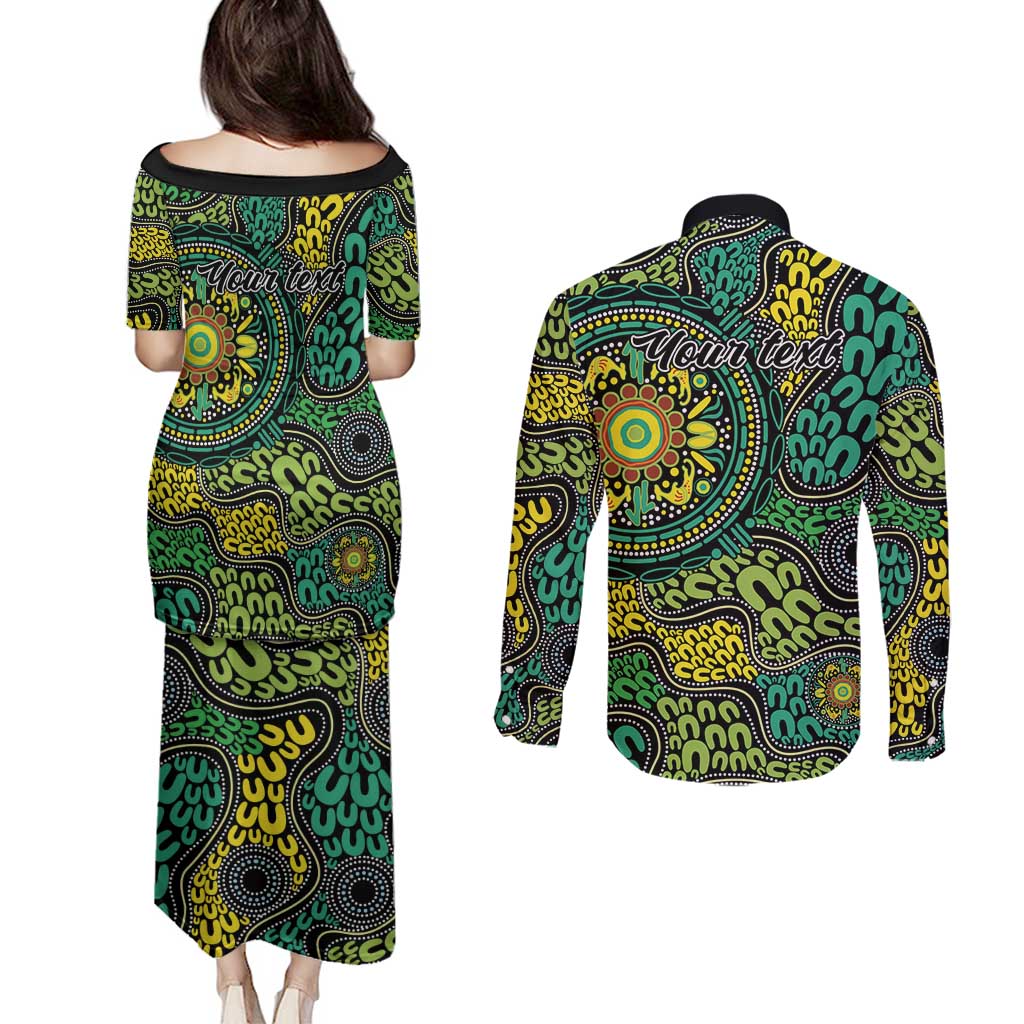 Personalised Aboriginal Art People Symbol Couples Matching Puletasi and Long Sleeve Button Shirt