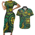 Personalised Aboriginal Art People Symbol Couples Matching Short Sleeve Bodycon Dress and Hawaiian Shirt