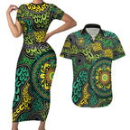 Personalised Aboriginal Art People Symbol Couples Matching Short Sleeve Bodycon Dress and Hawaiian Shirt