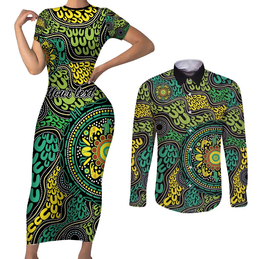 Personalised Aboriginal Art People Symbol Couples Matching Short Sleeve Bodycon Dress and Long Sleeve Button Shirt