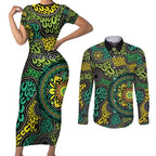 Personalised Aboriginal Art People Symbol Couples Matching Short Sleeve Bodycon Dress and Long Sleeve Button Shirt