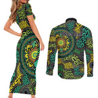 Personalised Aboriginal Art People Symbol Couples Matching Short Sleeve Bodycon Dress and Long Sleeve Button Shirt