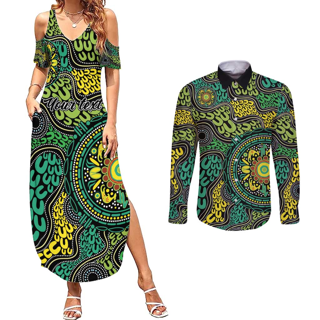 Personalised Aboriginal Art People Symbol Couples Matching Summer Maxi Dress and Long Sleeve Button Shirt