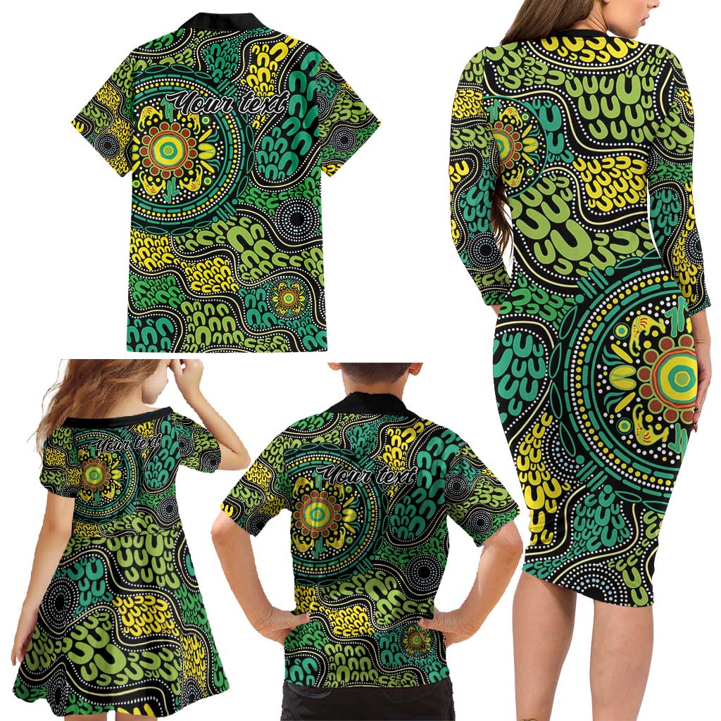 Personalised Aboriginal Art People Symbol Family Matching Long Sleeve Bodycon Dress and Hawaiian Shirt