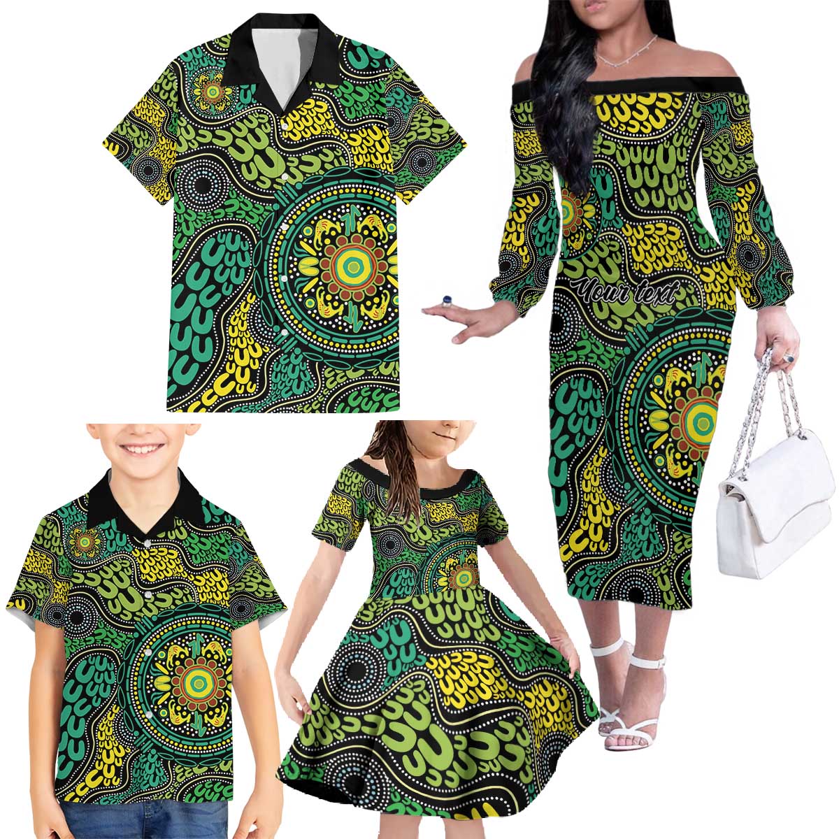 Personalised Aboriginal Art People Symbol Family Matching Off The Shoulder Long Sleeve Dress and Hawaiian Shirt