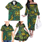 Personalised Aboriginal Art People Symbol Family Matching Off The Shoulder Long Sleeve Dress and Hawaiian Shirt