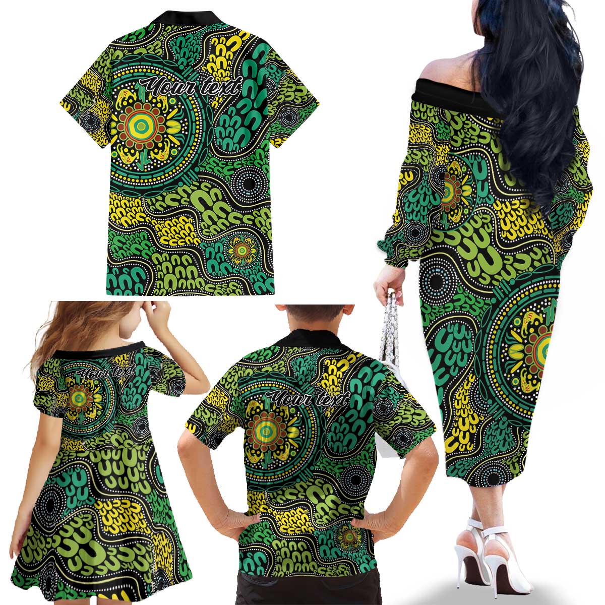 Personalised Aboriginal Art People Symbol Family Matching Off The Shoulder Long Sleeve Dress and Hawaiian Shirt