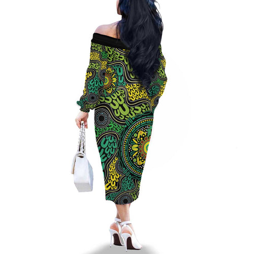 Personalised Aboriginal Art People Symbol Family Matching Off The Shoulder Long Sleeve Dress and Hawaiian Shirt