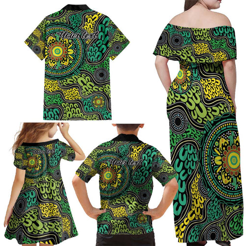 Personalised Aboriginal Art People Symbol Family Matching Off Shoulder Maxi Dress and Hawaiian Shirt