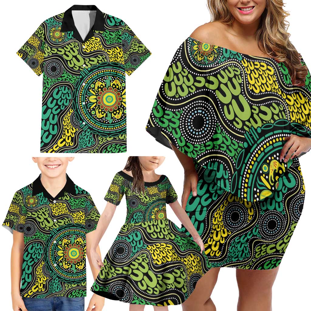 Personalised Aboriginal Art People Symbol Family Matching Off Shoulder Short Dress and Hawaiian Shirt