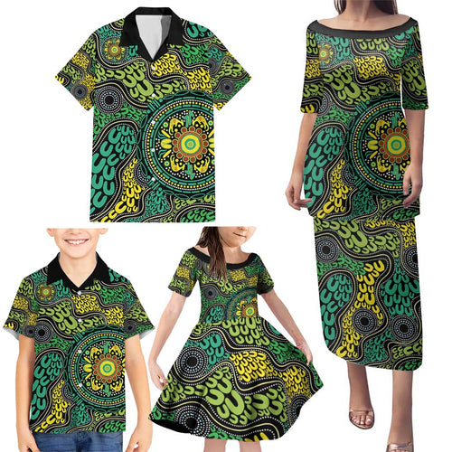 Personalised Aboriginal Art People Symbol Family Matching Puletasi and Hawaiian Shirt