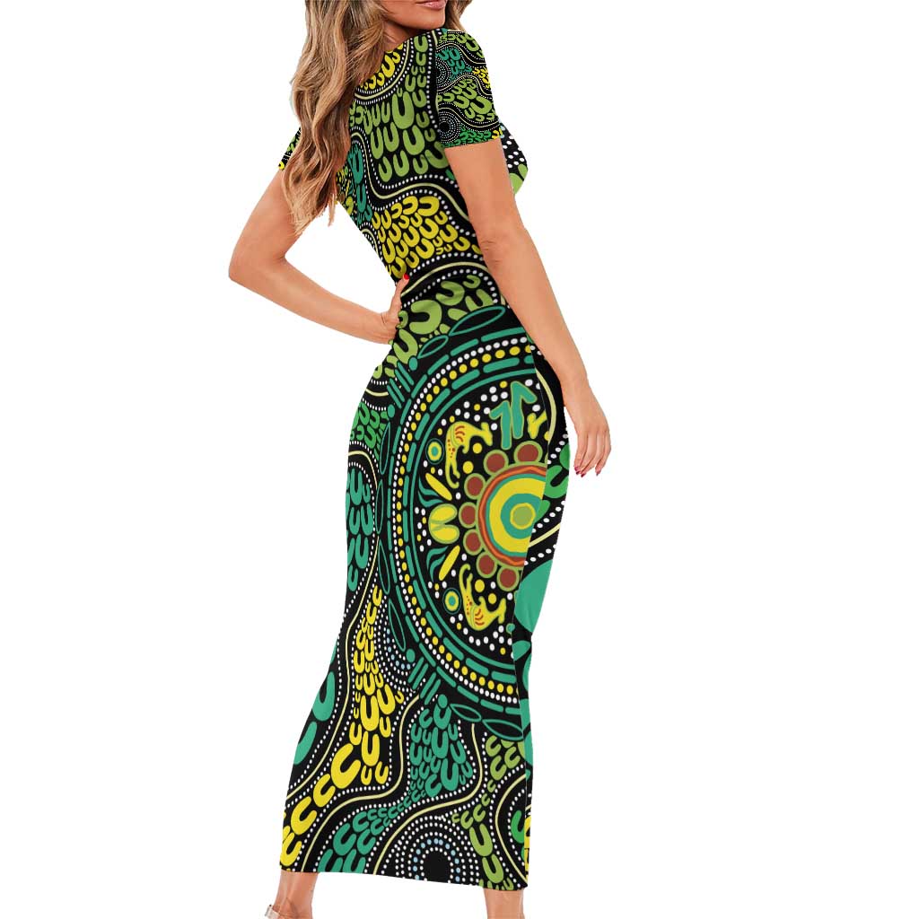 Personalised Aboriginal Art People Symbol Family Matching Short Sleeve Bodycon Dress and Hawaiian Shirt