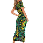 Personalised Aboriginal Art People Symbol Family Matching Short Sleeve Bodycon Dress and Hawaiian Shirt