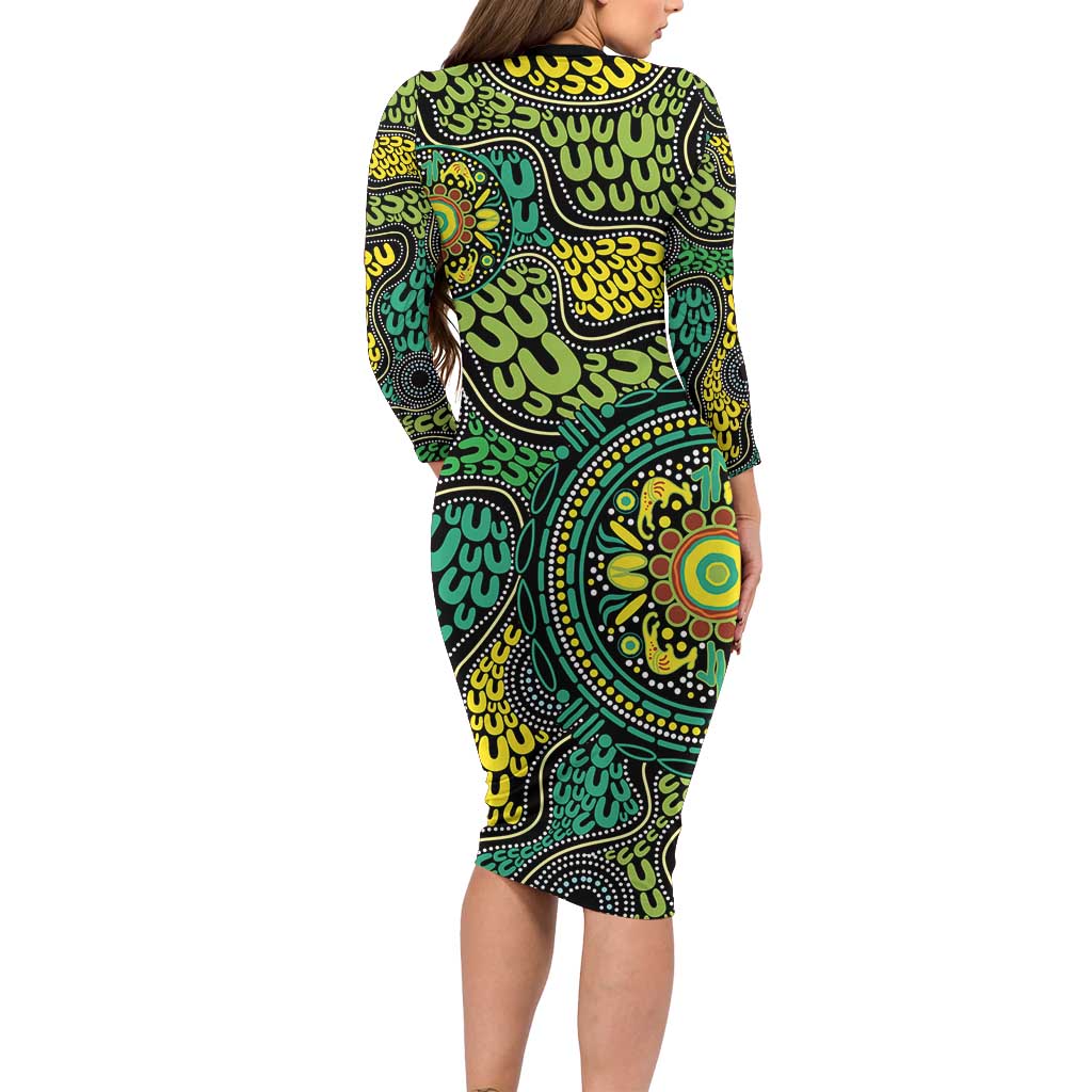 Personalised Aboriginal Art People Symbol Long Sleeve Bodycon Dress