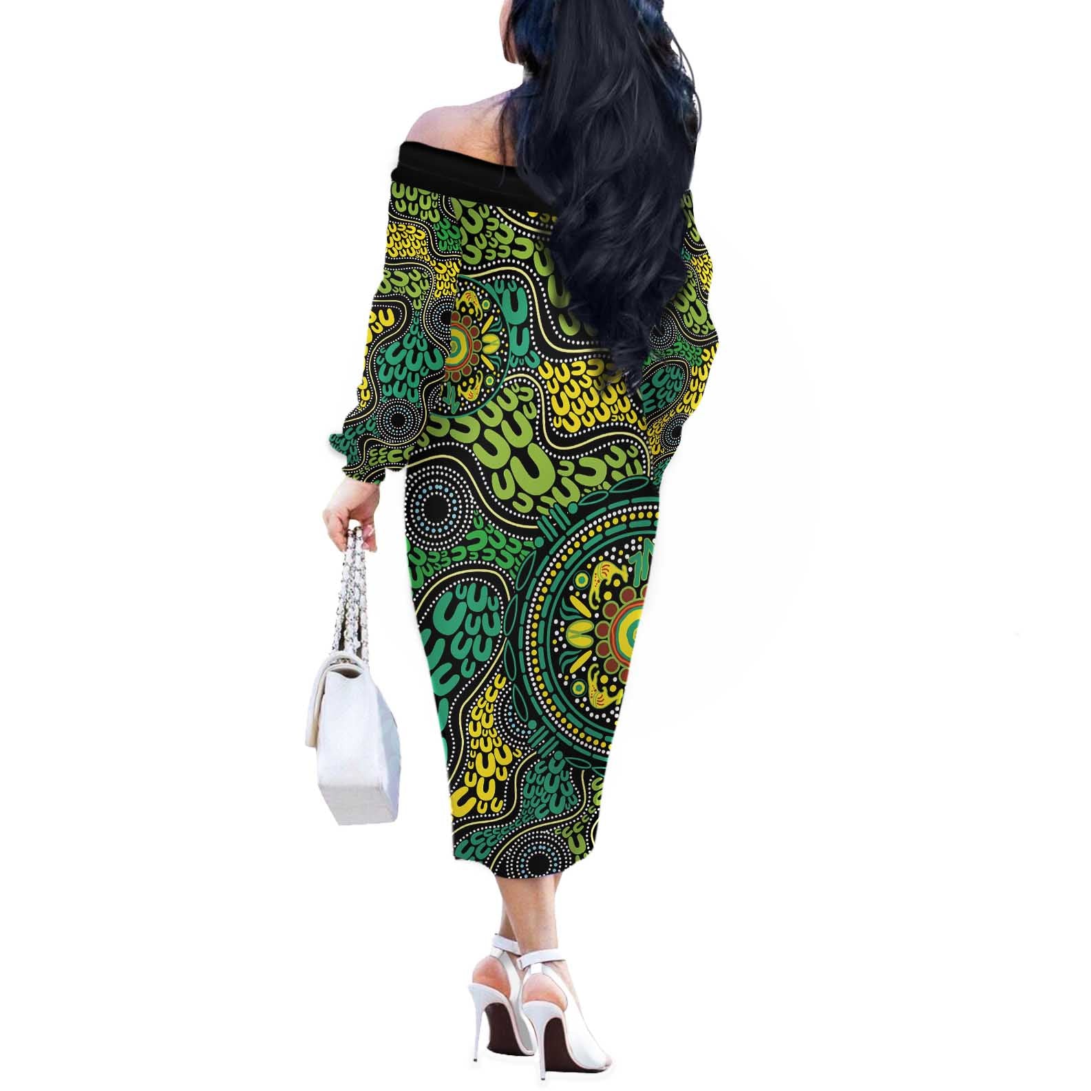 Personalised Aboriginal Art People Symbol Off The Shoulder Long Sleeve Dress