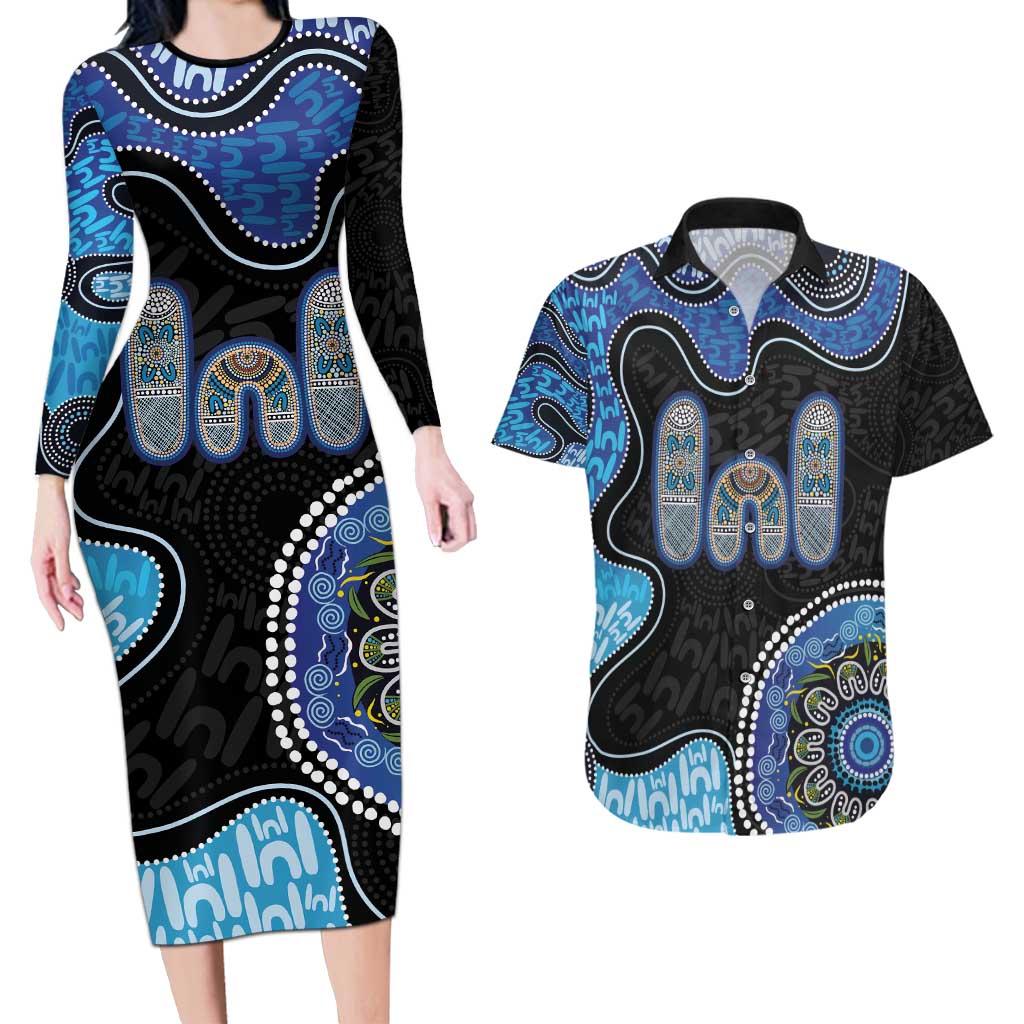 Personalised Aboriginal Art Woman Symbol Couples Matching Long Sleeve Bodycon Dress and Hawaiian Shirt