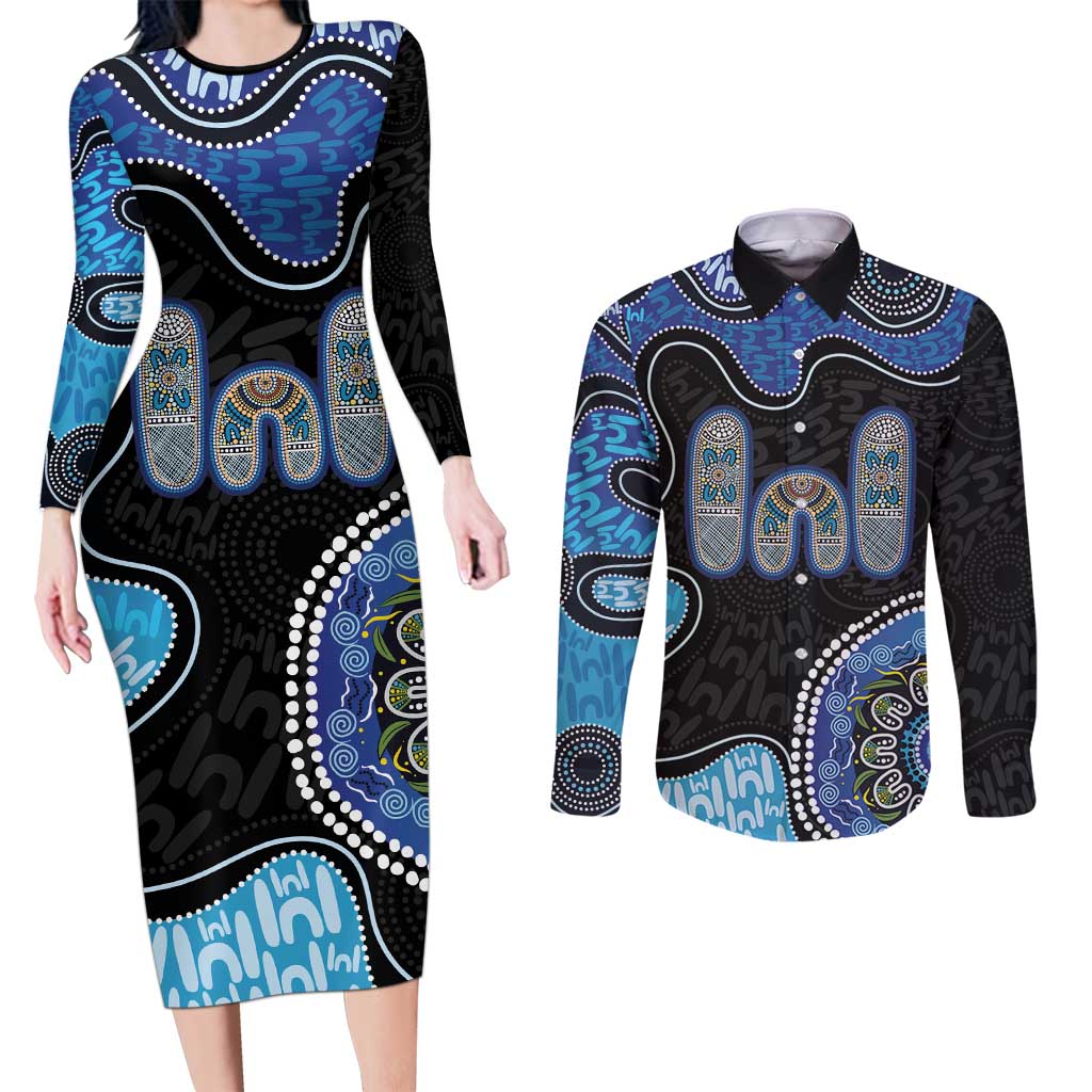 Personalised Aboriginal Art Woman Symbol Couples Matching Long Sleeve Bodycon Dress and Long Sleeve Button Shirt